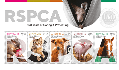 The new RSPCA 150 years commemorative stamps. Source: Australia Post